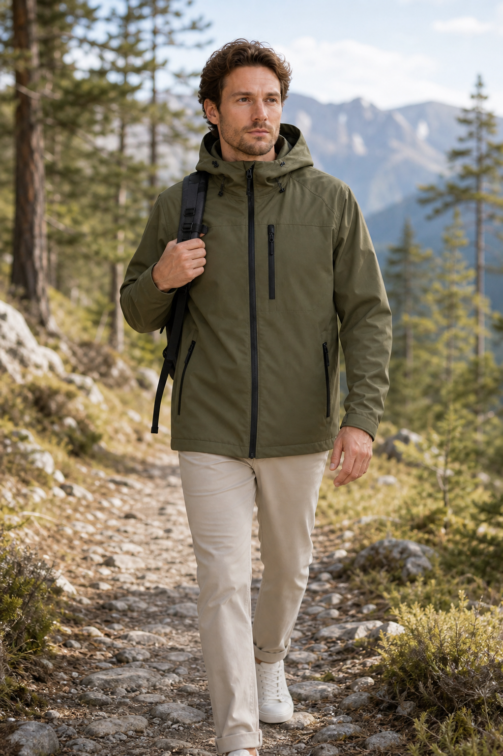 Grøn jakke præsenteret på model i outdoor-miljø